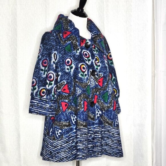Damee Inc Wearable Art Vintage Blue Abstract Floral 3/4 Sleeve Swing Coat Jacket - Picture 2 of 12